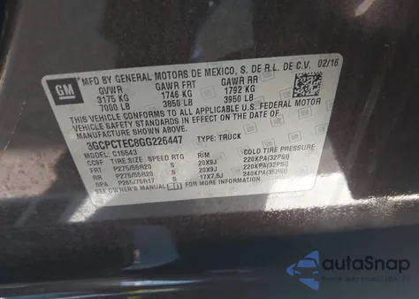 2016 Chevrolet Silverado 1500 High Country из США, поврежденный, VIN 3GCPCTEC8GG226447